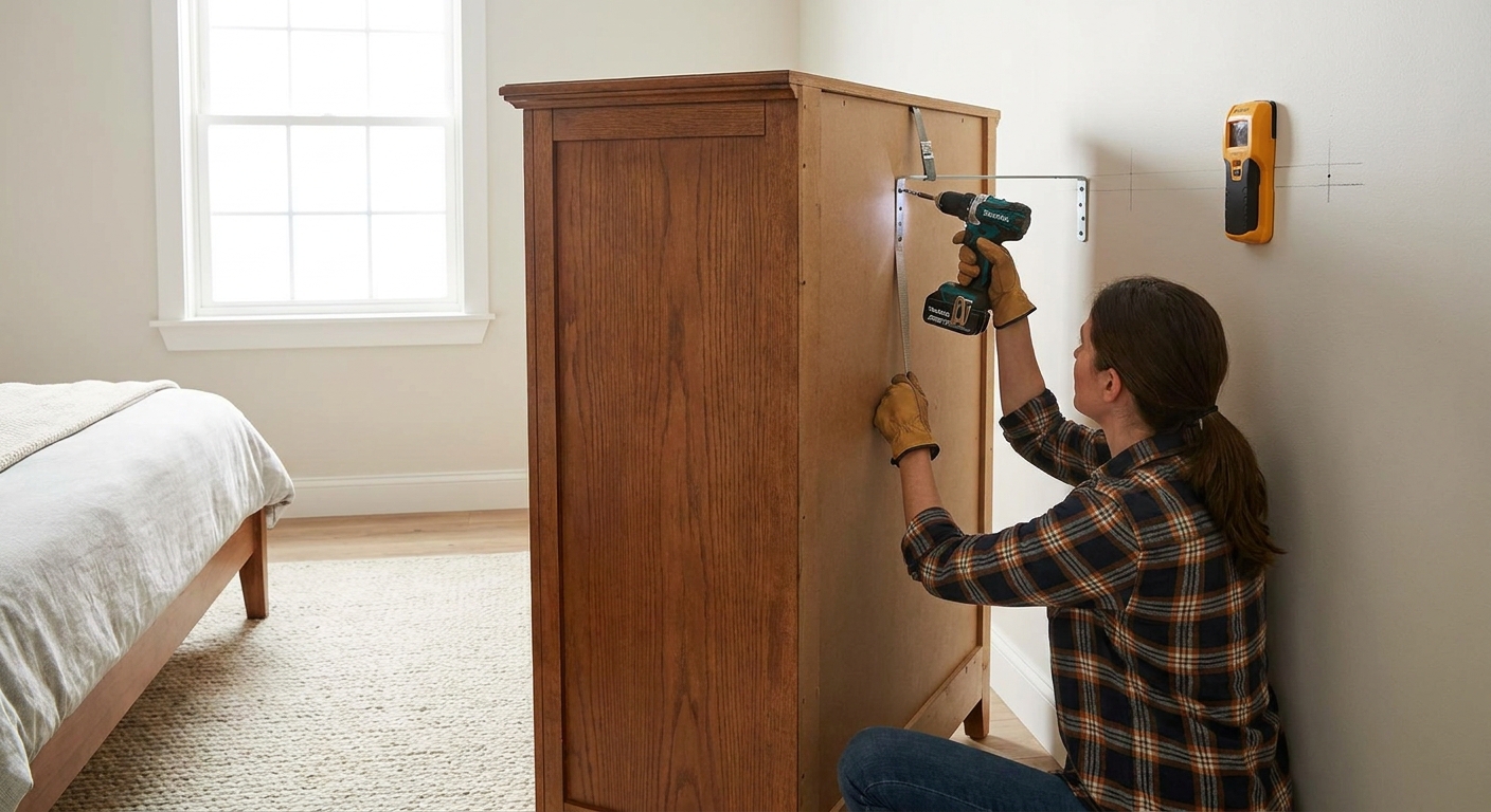 A person using a drill to secure an anti-tip bracket from the back of a dresser into a wall stud in a bedroom