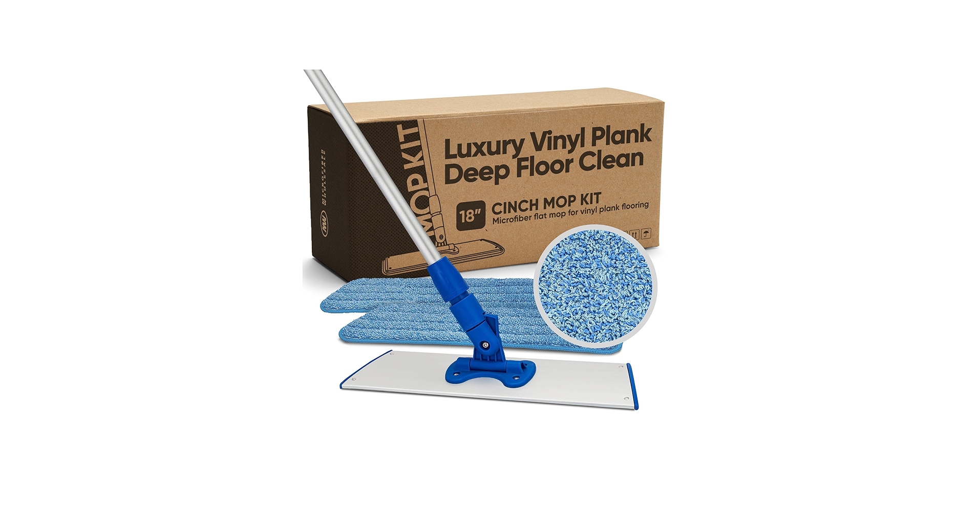 A person using a microfiber flat mop on light oak-look luxury vinyl plank flooring in a bright kitchen with natural window light