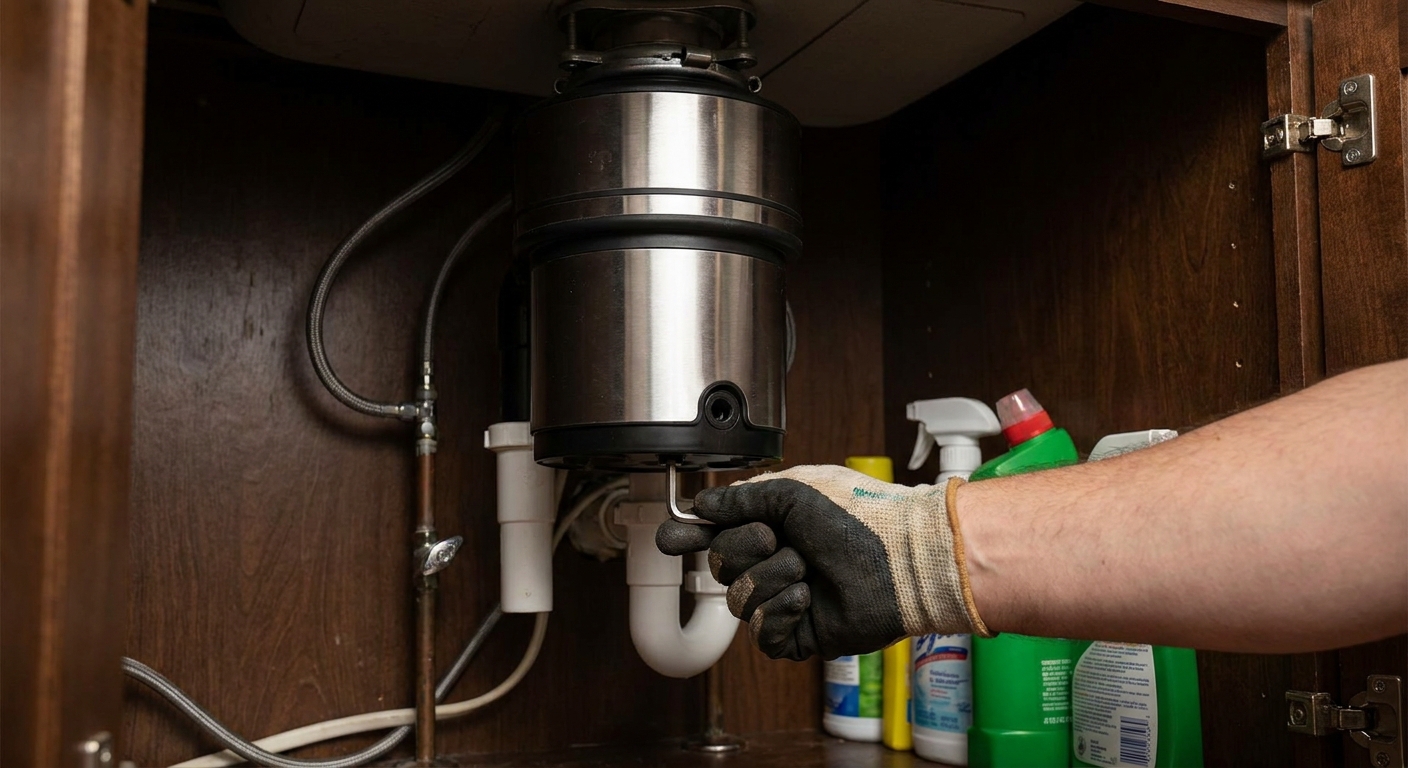 A person using an Allen wrench in the bottom hex socket of a garbage disposal under a kitchen sink cabinet, realistic home maintenance photo