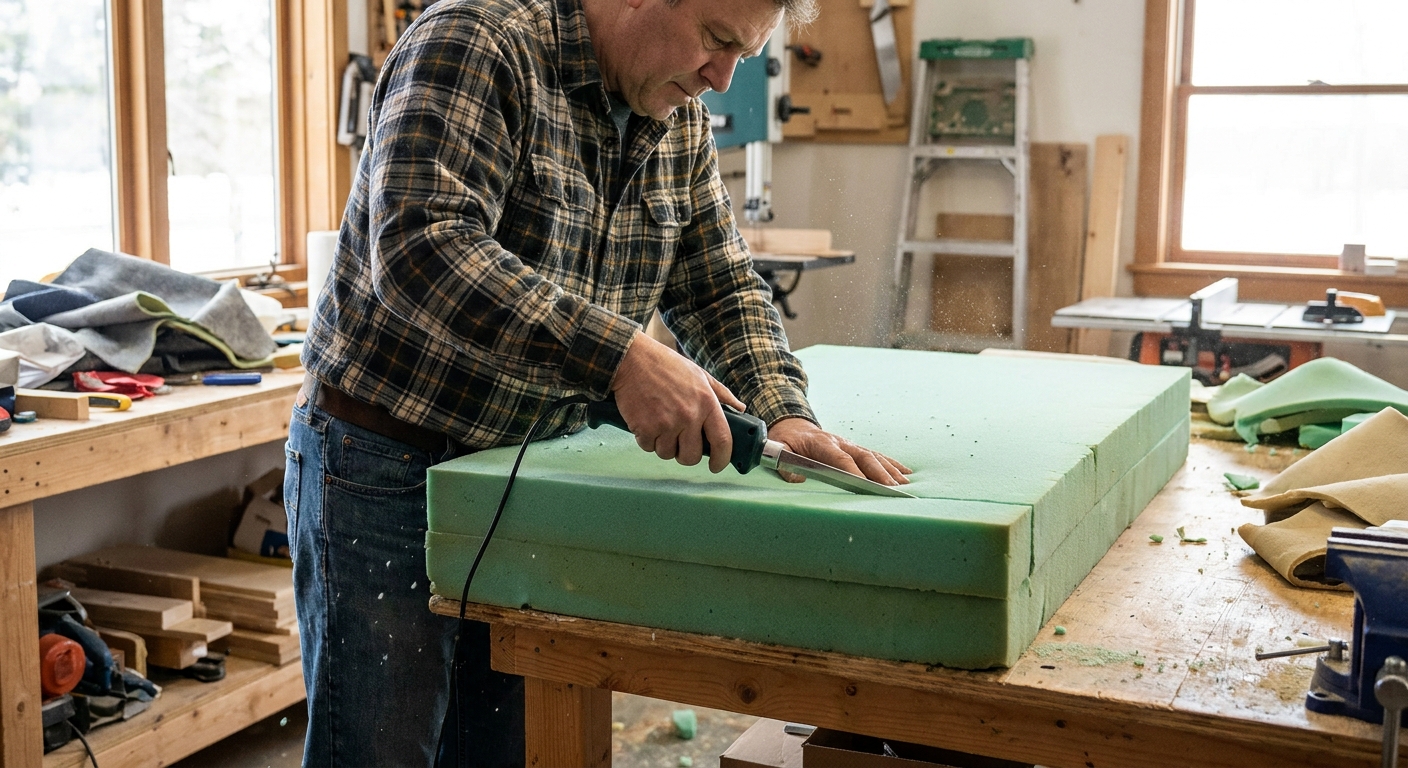 A person using an electric carving knife to cut a thick block of upholstery foam on a worktable in a home workshop, realistic photo