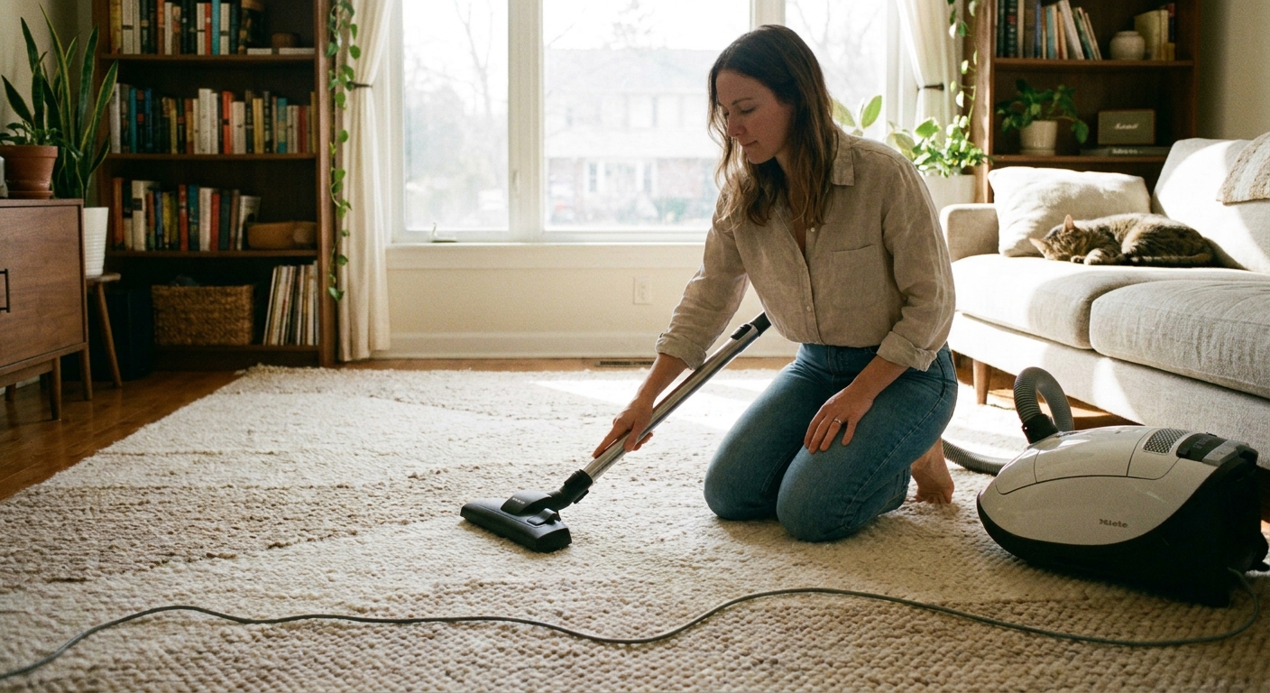 A person vacuuming a neutral area rug in a bright living room using a canister vacuum with the beater bar turned off, capturing a calm, real-life cleaning moment