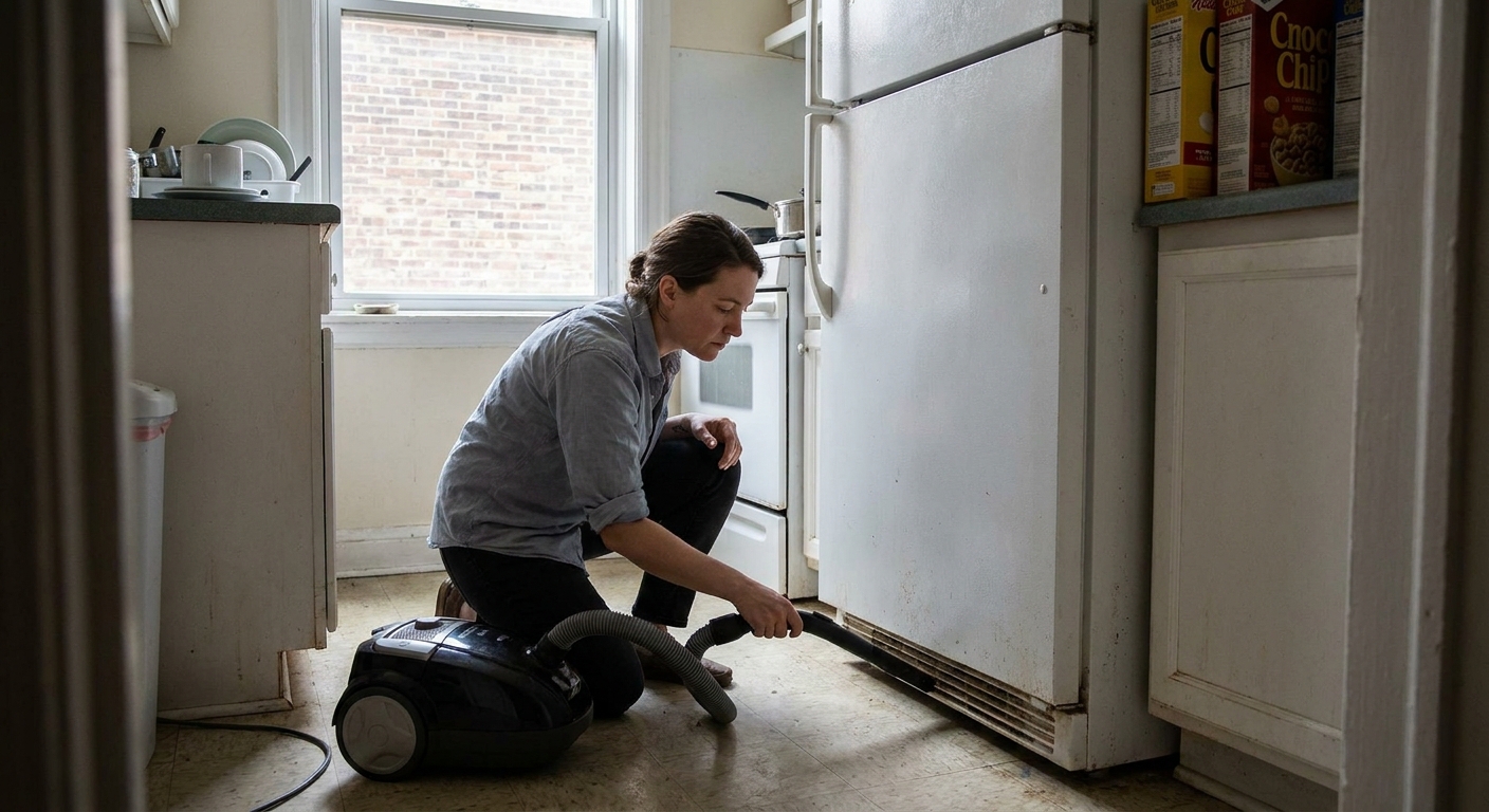 A person vacuuming the bottom front vent of a refrigerator in a small apartment kitchen, realistic indoor photo
