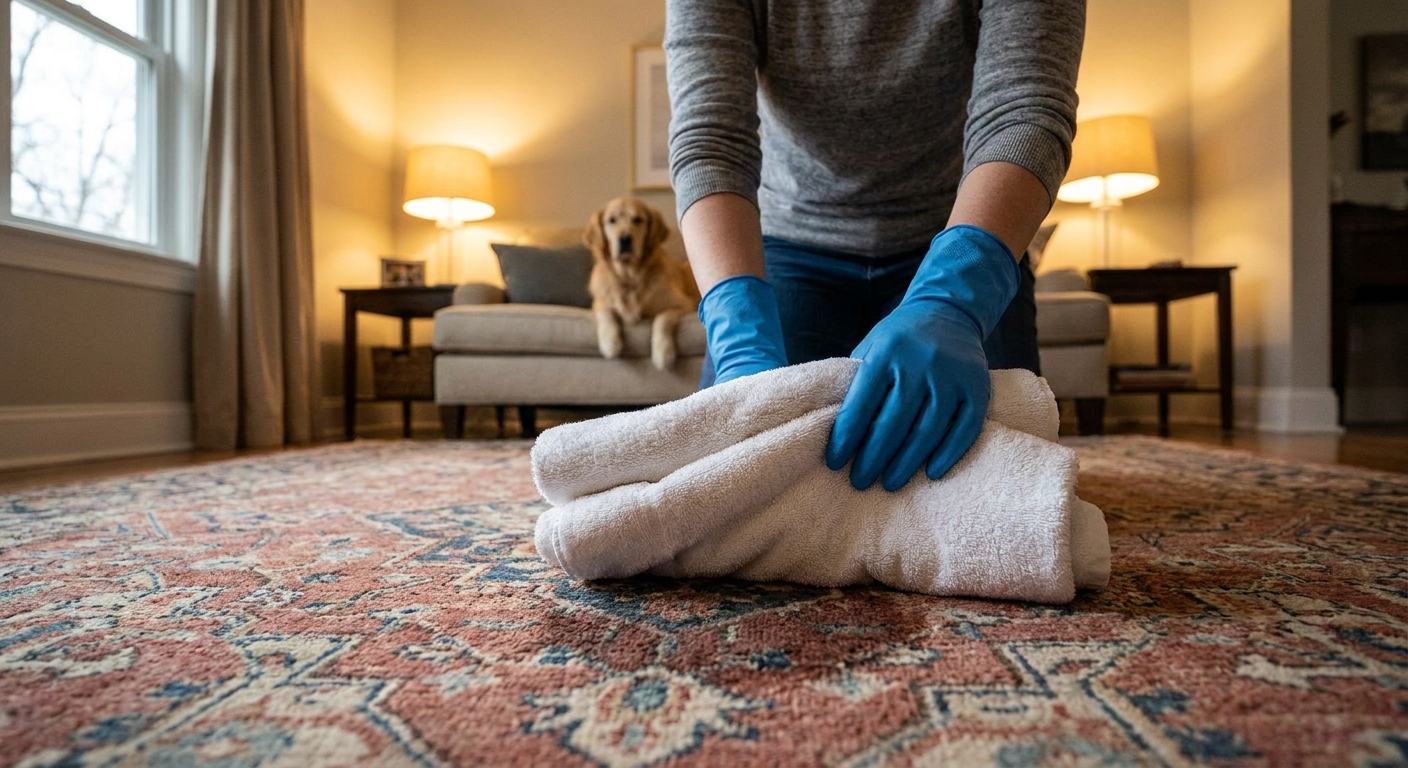 A person wearing gloves blotting a fresh pet urine spot on a patterned wool area rug with thick white towels in a softly lit living room