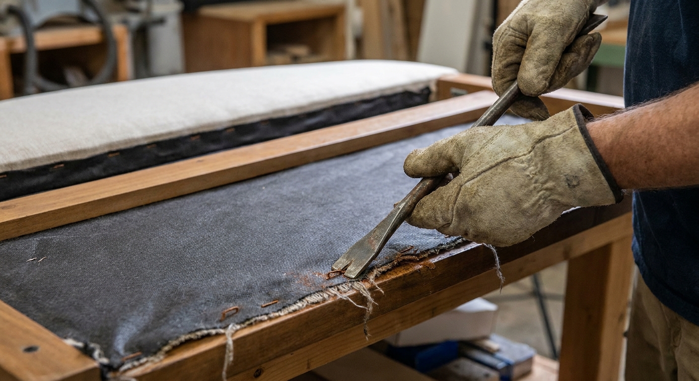 A person wearing gloves using a flat tool to lift staples along the bottom edge of a headboard dust cover fabric
