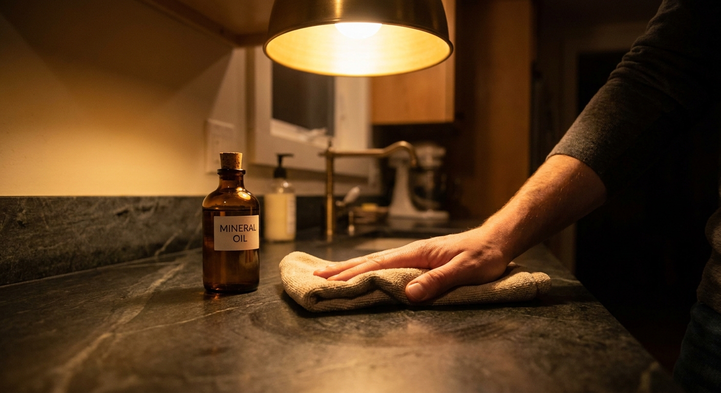 A person wiping a soapstone countertop with a soft cloth and a small bottle of mineral oil nearby, warm kitchen lighting, realistic photography