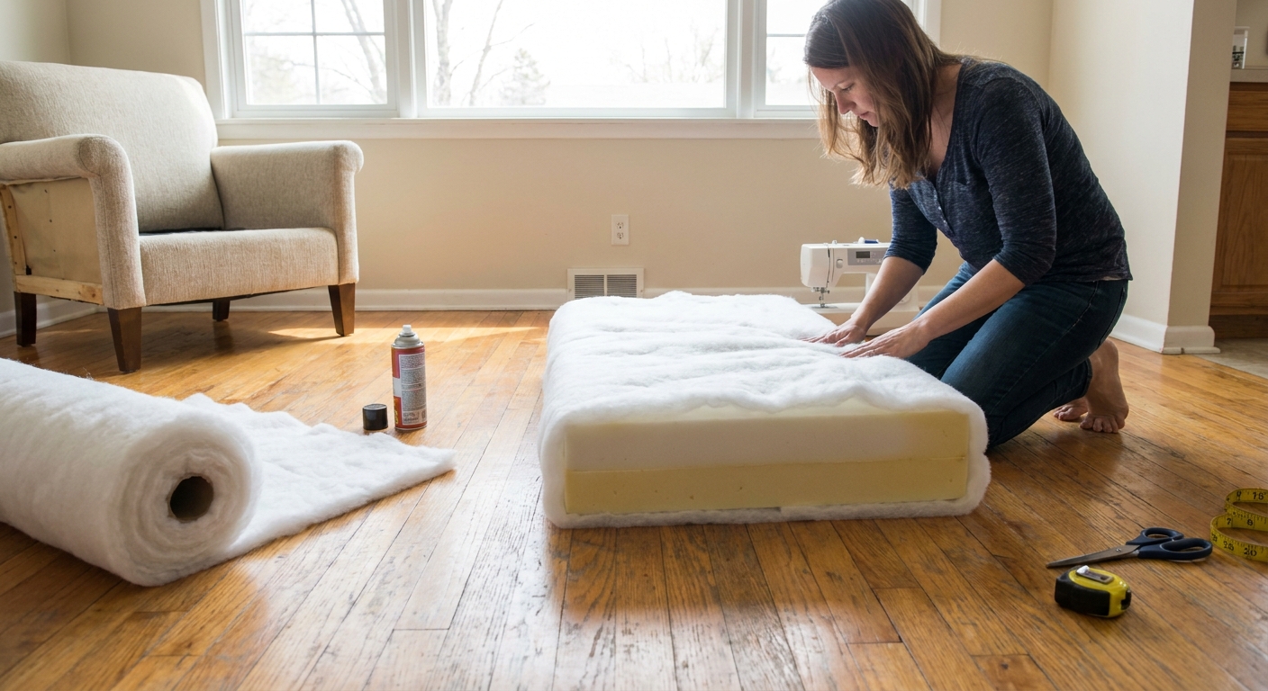A person wrapping a rectangular foam cushion insert with white Dacron batting on a hardwood floor, realistic home photo