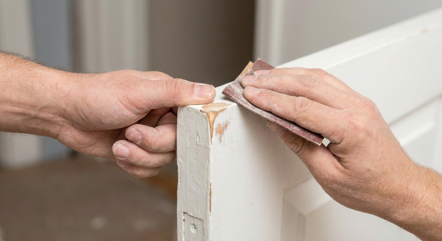 A person’s hand sanding the edge of a painted interior door with sandpaper, focusing on a small rubbed area near the latch-side top corner