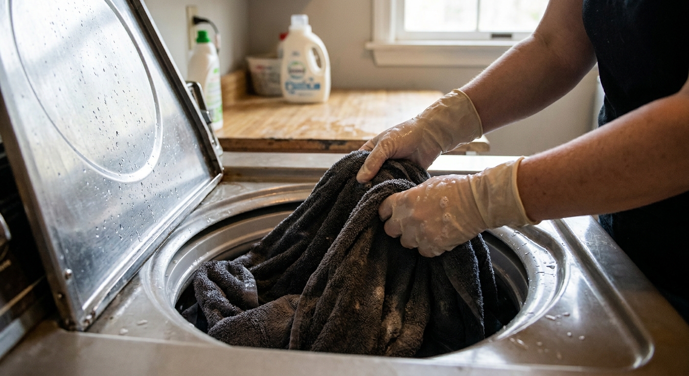 A person’s hands rearranging wet towels inside a top-loading washing machine to balance the load, close-up realistic photo in a home laundry area