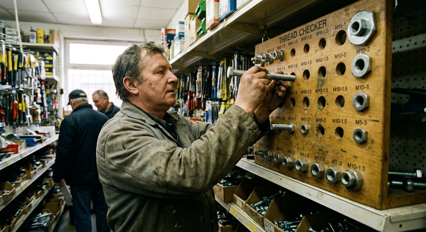 A photo inside a hardware store showing a thread checker board with various bolts and nuts, with a person holding a sofa leg bolt up to find the matching thread