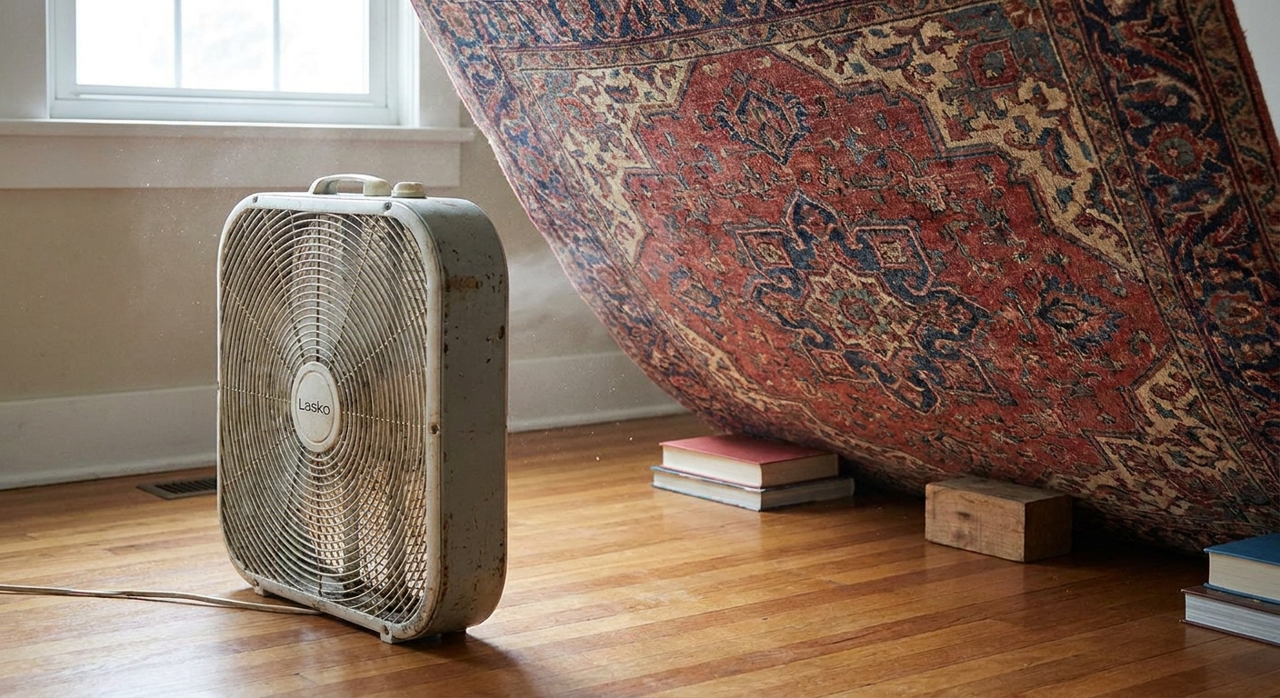 A photo of a box fan positioned near a patterned area rug that has been lifted so air can circulate underneath