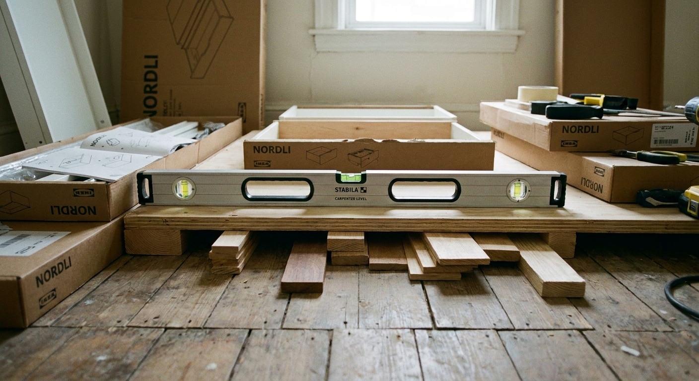 A photo of a carpenter's level resting on a wooden platform base with shims underneath, prepared for installing IKEA NORDLI drawers on an uneven floor