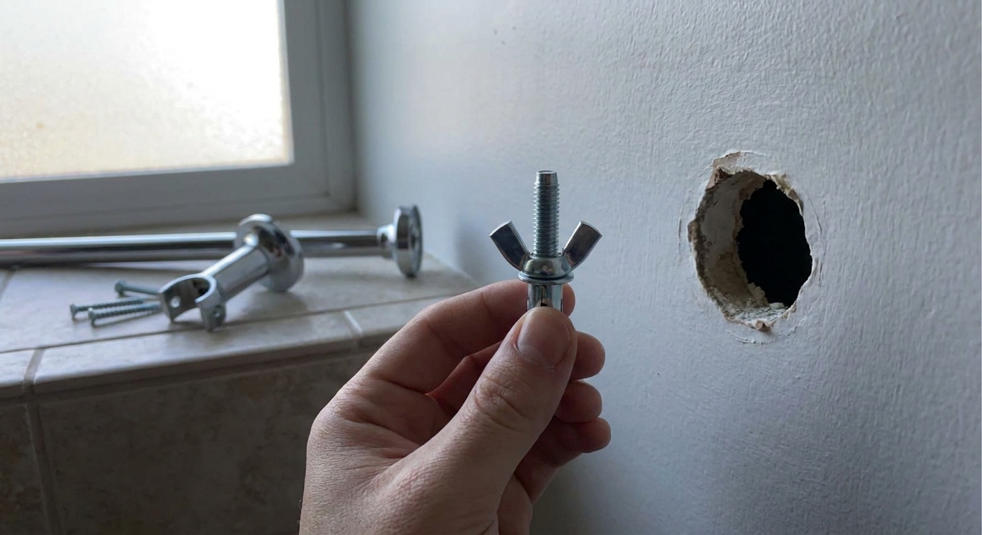 A photo of a hand holding a metal molly bolt next to a bathroom wall hole with a towel bar bracket nearby, showing the anchor before insertion in a softly lit bathroom