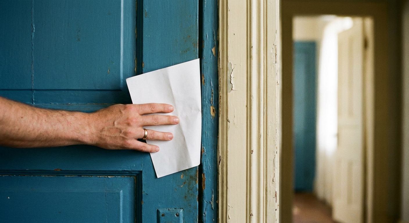 A photo of a hand holding a sheet of white paper between a painted door and the door frame while the door is almost closed