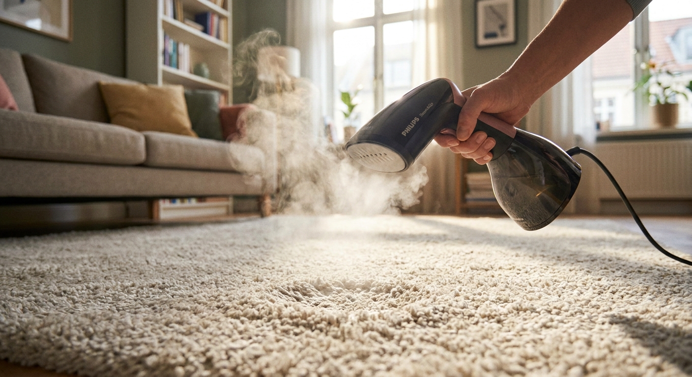 A photo of a handheld garment steamer held above a carpet dent, releasing a small cloud of steam in a living room.