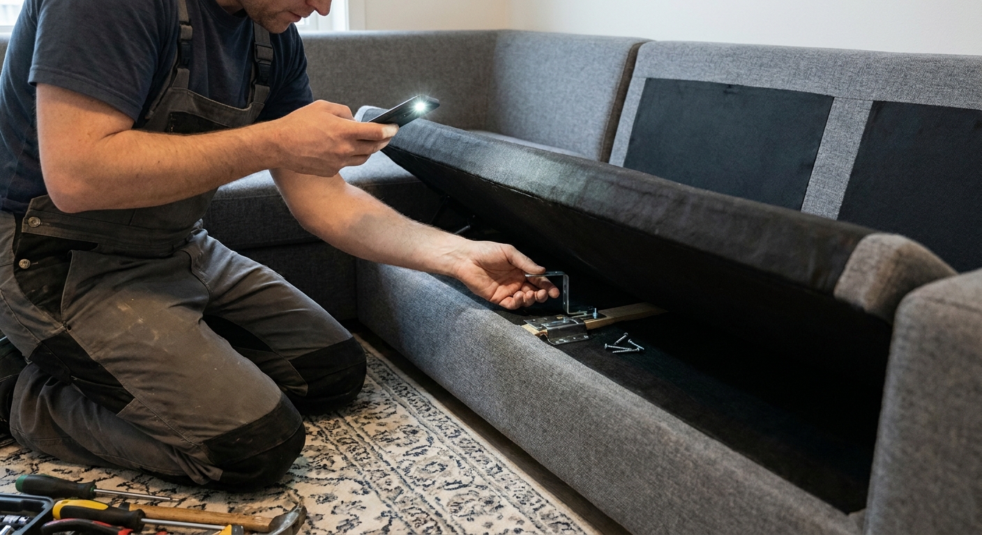 A photo of a person kneeling beside a modular sectional, using a phone flashlight to inspect screws and connector hardware under the seat edge