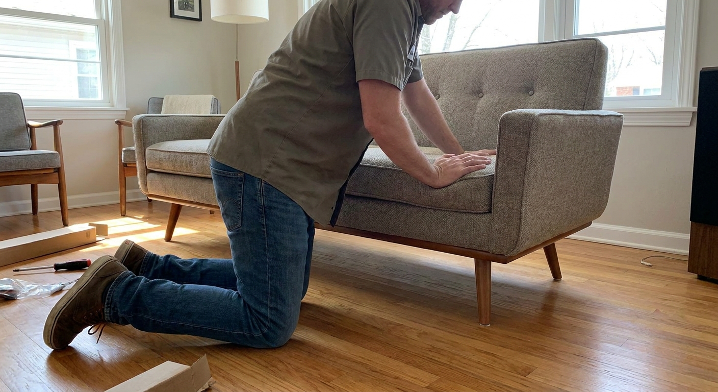 A photo of a person kneeling beside a sofa and pressing down on one corner to check for wobble after installing new wooden legs