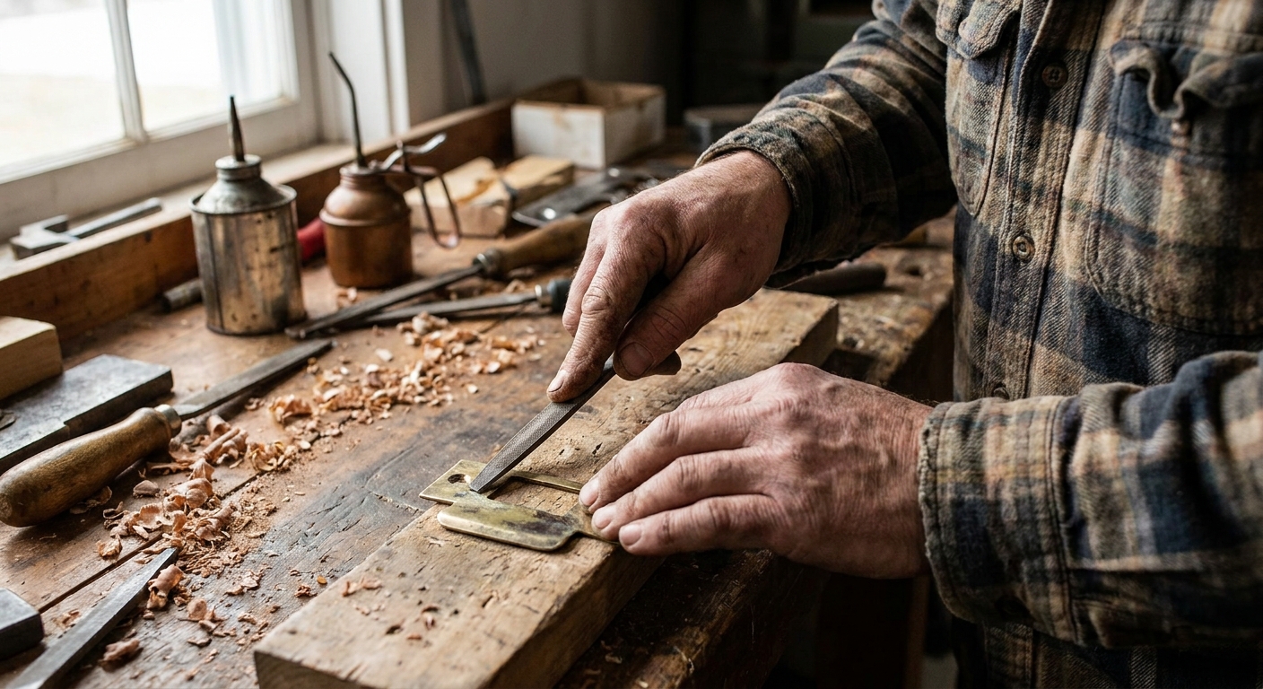 A photo of a person using a small metal hand file on a brass strike plate resting on a work surface