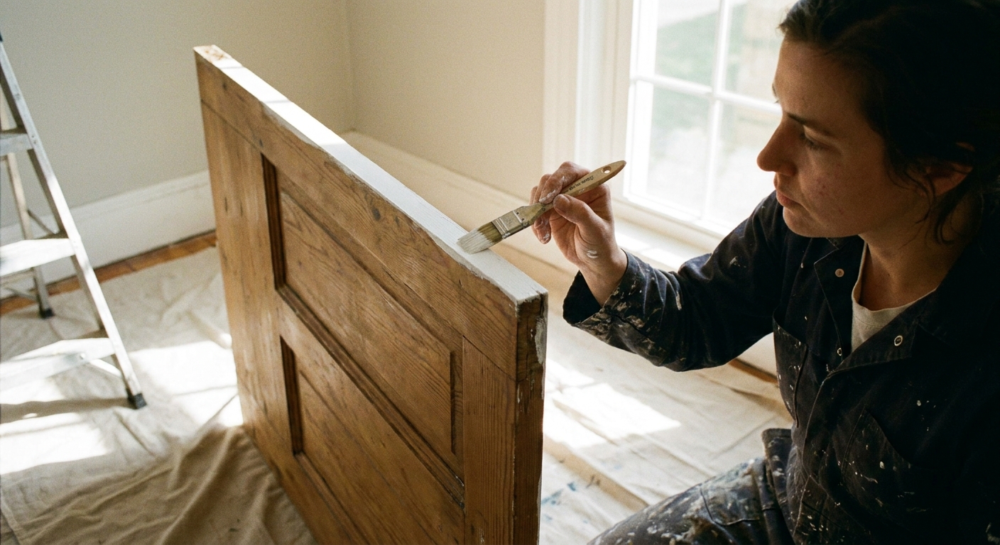 A photo of a person using a small paintbrush to apply paint to the top edge of a wooden interior door