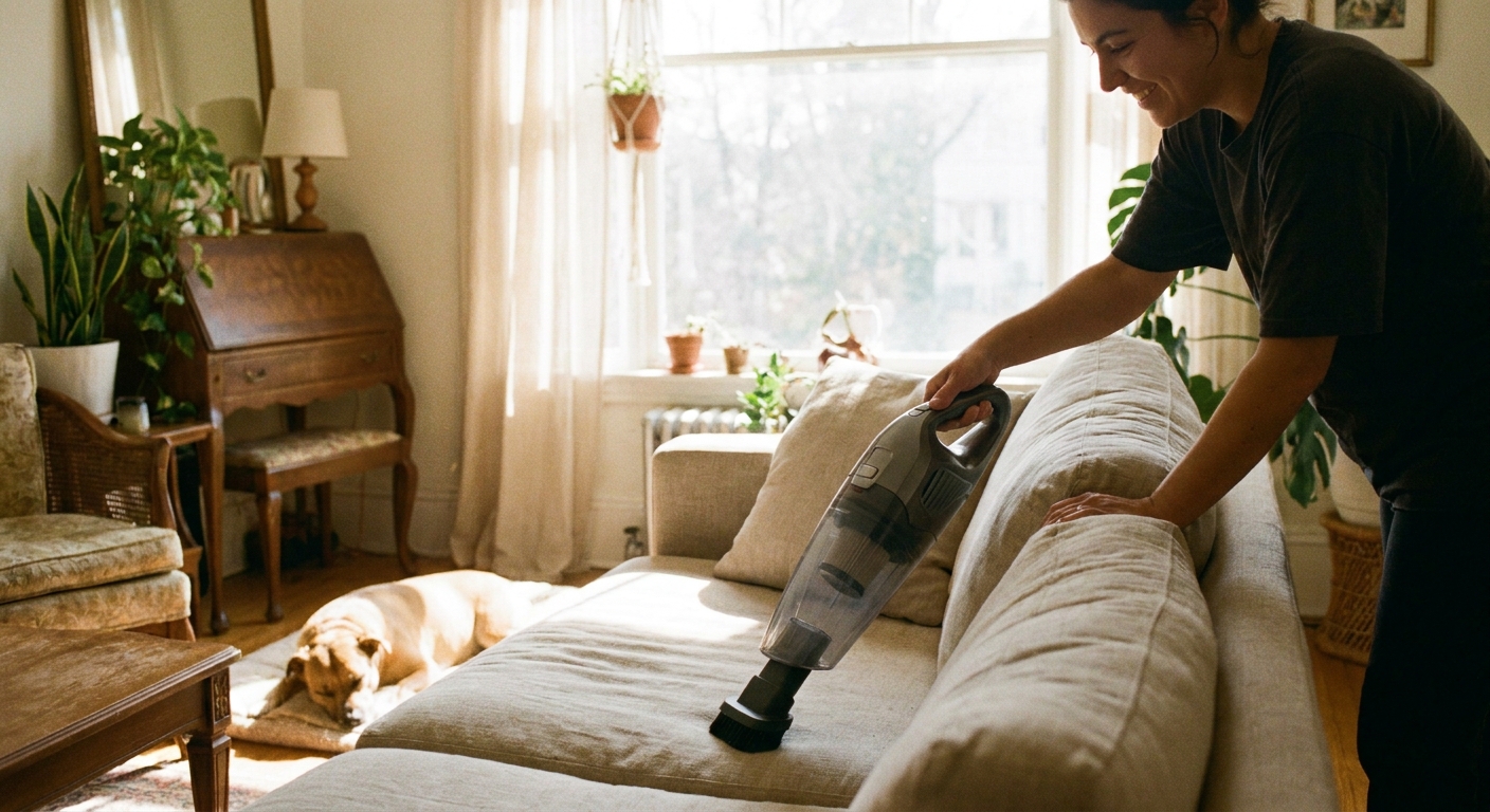 A photo of a person vacuuming a beige sofa with an upholstery brush attachment in a bright living room with soft sunlight