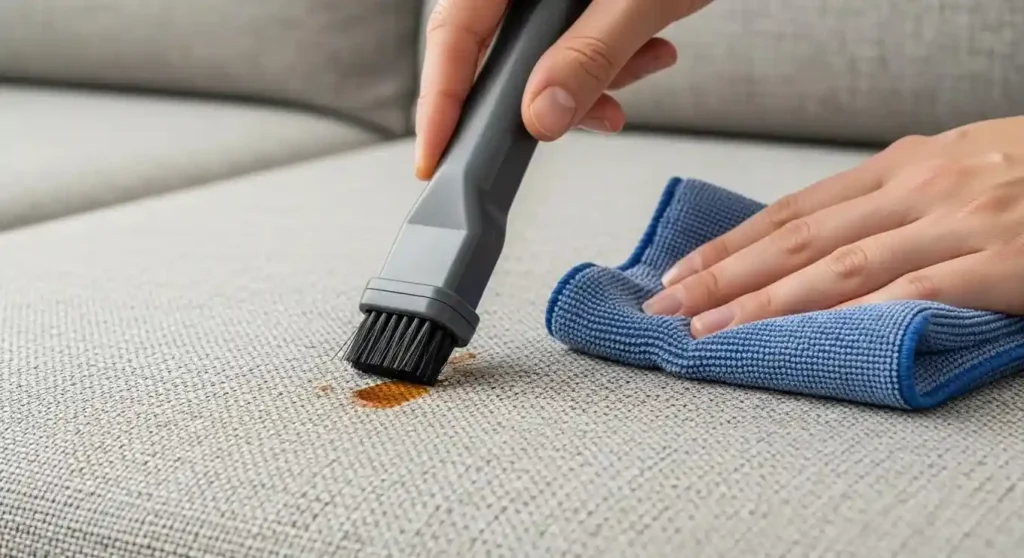 A photo of a small upholstery cleaning setup on a wooden coffee table with a soft brush, folded white microfiber cloths, a spray bottle of distilled water, and a gentle upholstery cleaner