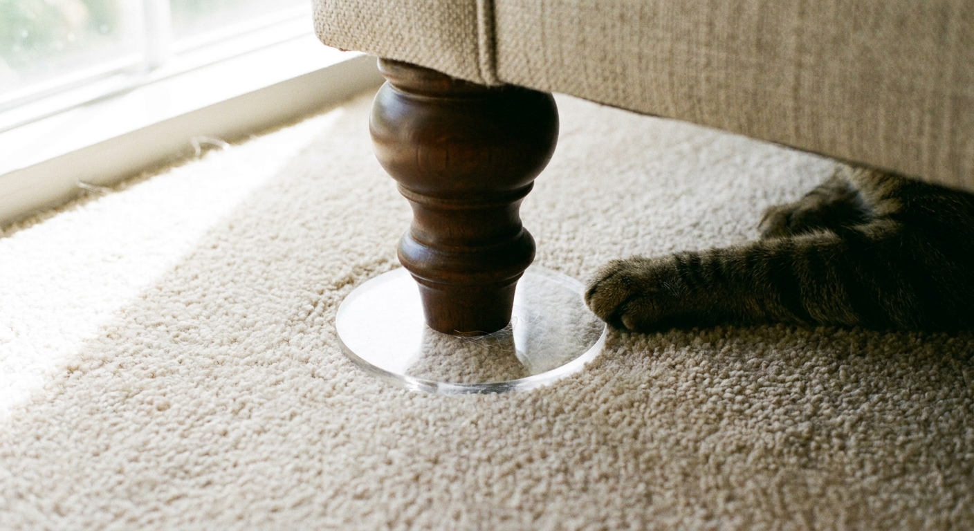 A photo of a sofa leg resting on a clear round furniture coaster on wall-to-wall carpet, bright natural light.