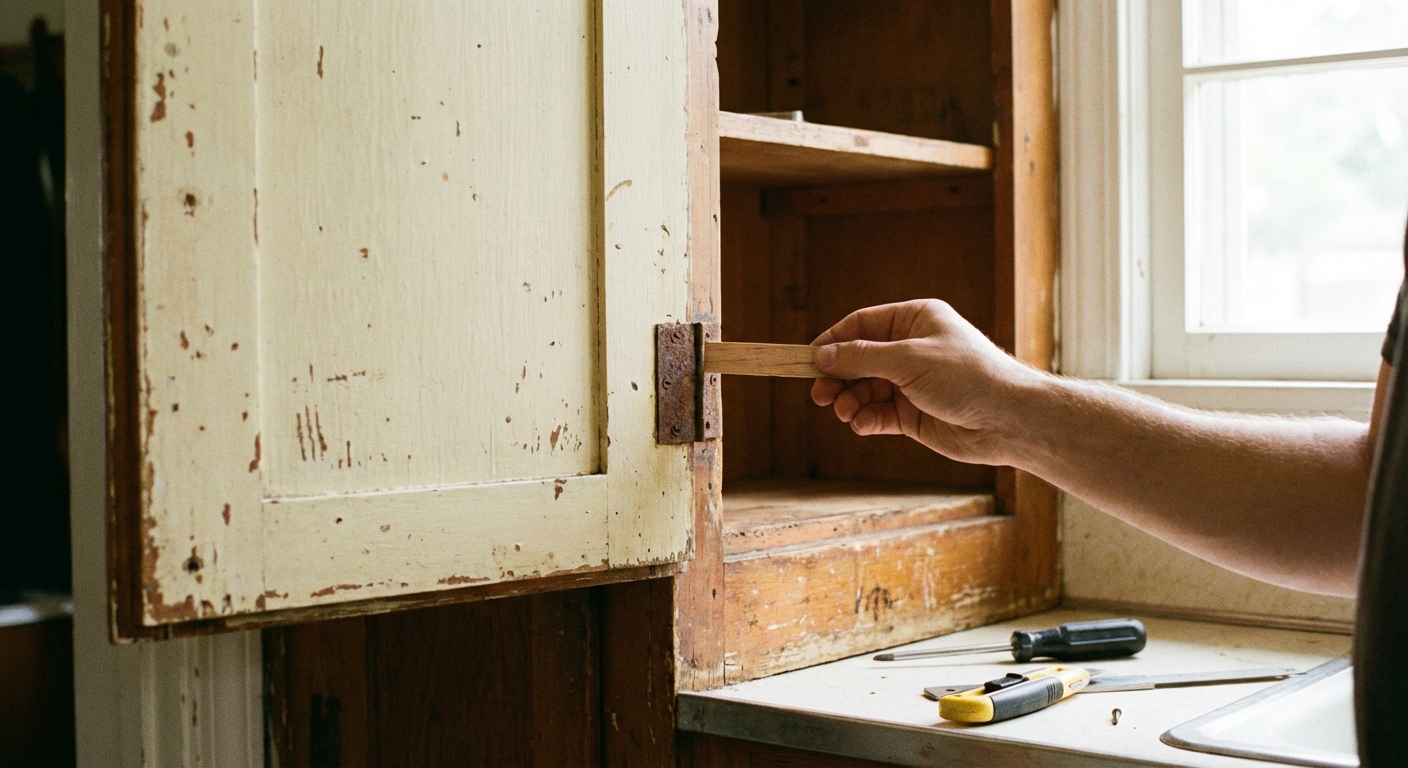 A photo of a thin shim being placed behind a cabinet hinge on an older kitchen cabinet frame, with the cabinet door open