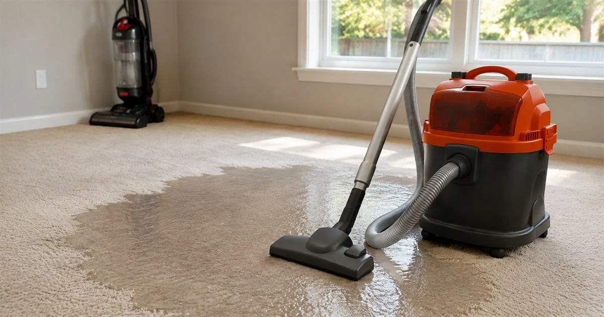 A photo of a wet-dry vacuum nozzle being used on a light gray area rug to extract water after rinsing