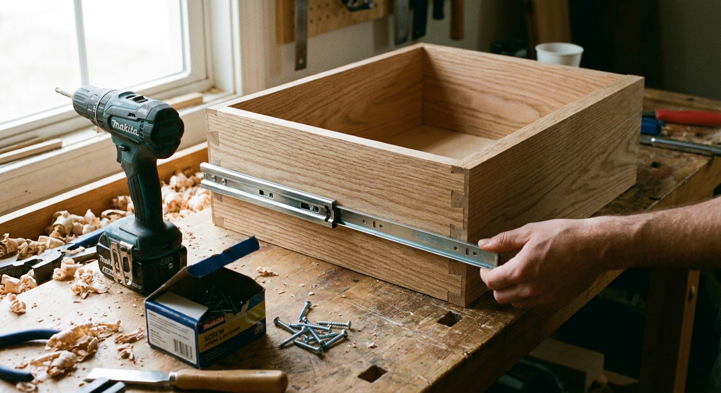 A photo of a wooden drawer box on a work surface while a new side-mount ball-bearing slide is positioned against the drawer side, screws and a drill nearby