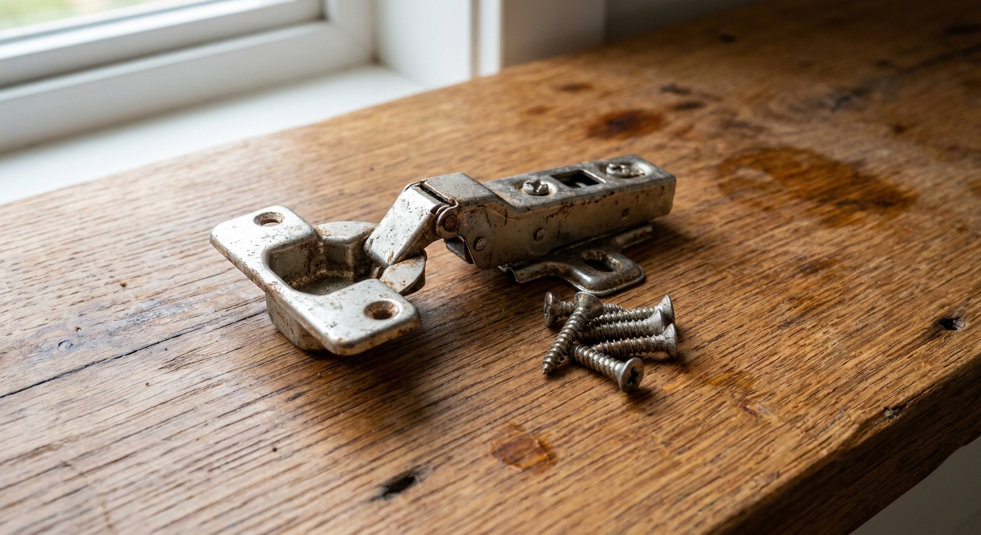 A photo of a worn concealed soft-close cabinet hinge removed from a door and resting on a wooden countertop next to its mounting screws