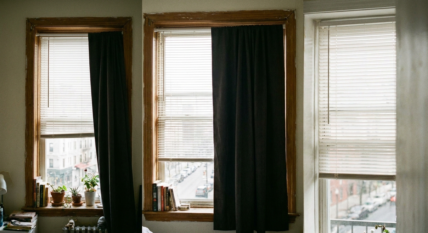 A photo of an apartment bedroom window with white mini blinds and a dark blackout curtain hung on a tension rod inside the window frame