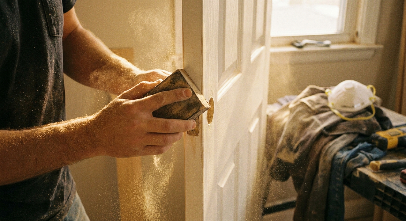 A photo of hands sanding the edge of a white interior door with a sanding block, with fine wood dust visible in warm indoor light