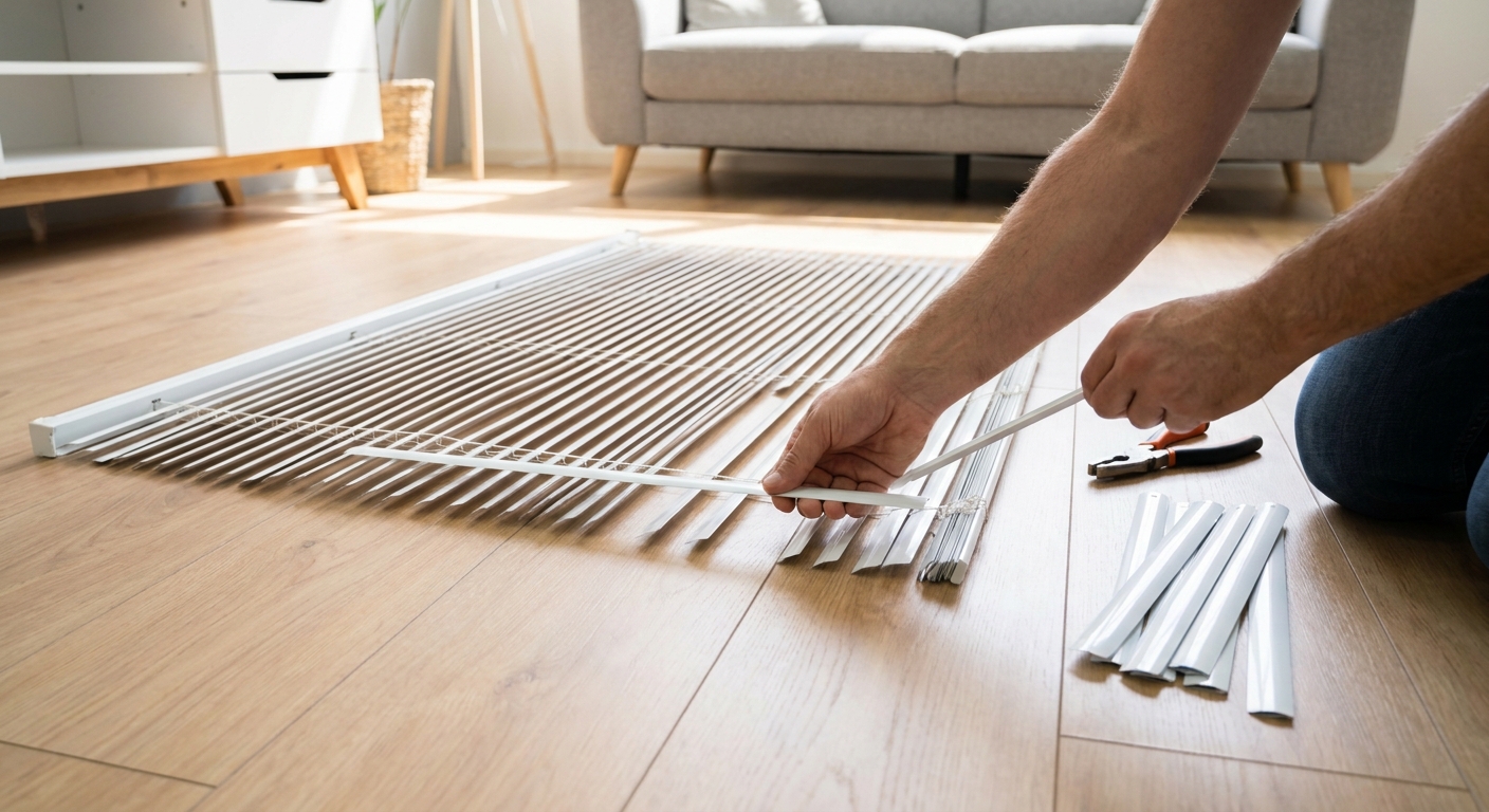 A photo of hands sliding a single white aluminum slat out from mini blind ladder strings while the blind is laid flat on a clean floor