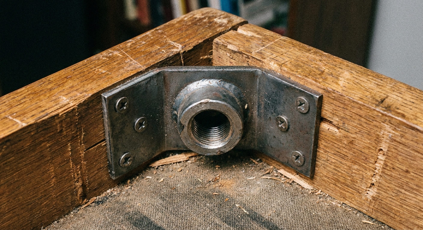 A photo of the underside corner of a sofa with a metal T-plate screwed into the wooden frame, showing the threaded center hole ready for a sofa leg