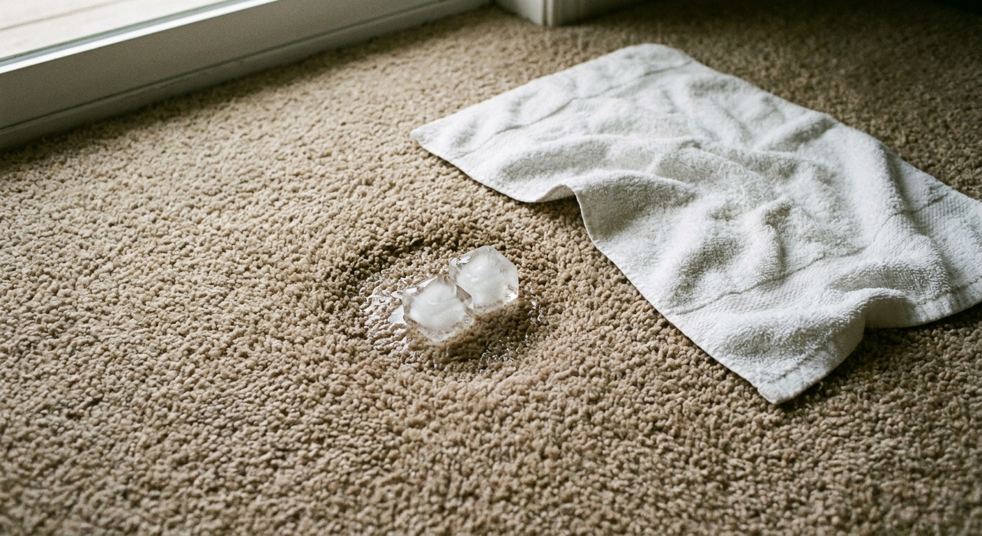 A photo of two ice cubes placed in a round furniture dent on a medium-pile carpet, with a white towel nearby.