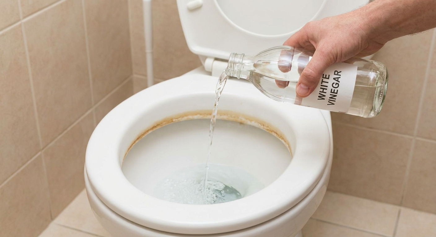 A photo of white vinegar being poured into a toilet bowl near the waterline to soak a hard water stain ring in a clean, neutral-toned bathroom