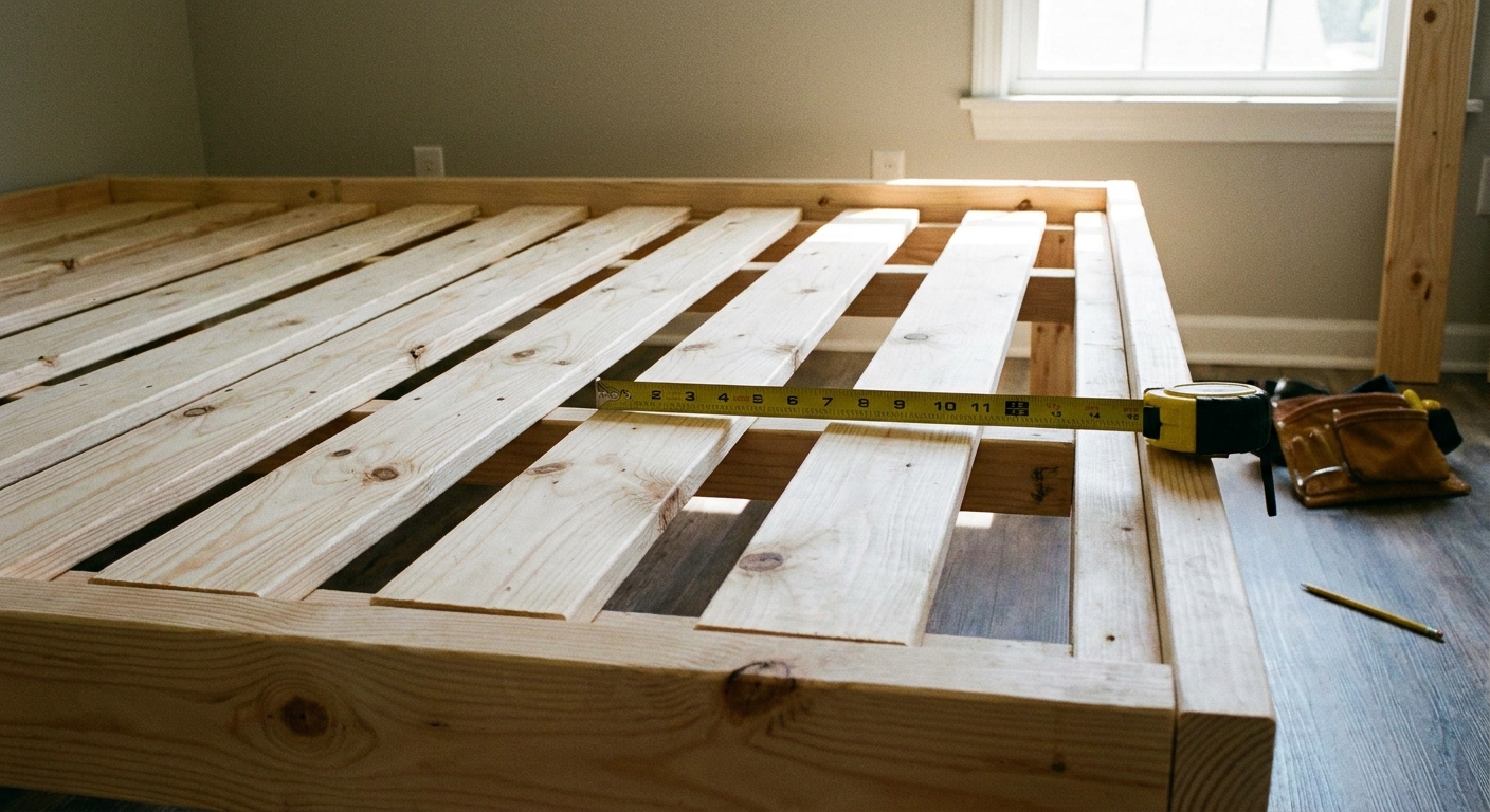 A photo of wooden bed slats on a platform frame with a tape measure showing the gap between slats