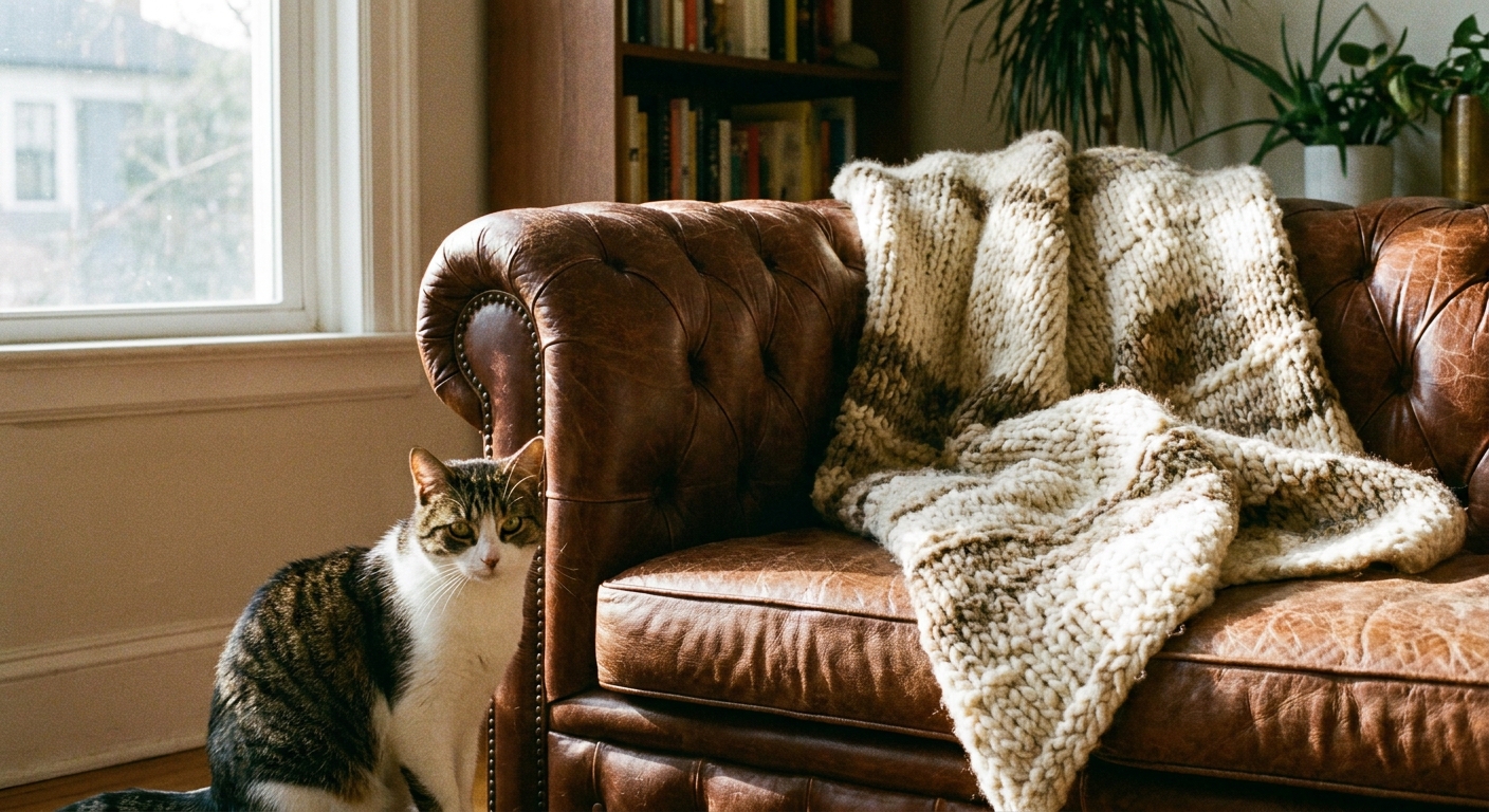 A photograph of a cat sitting beside a brown leather sofa with a textured throw blanket draped over the sofa arm