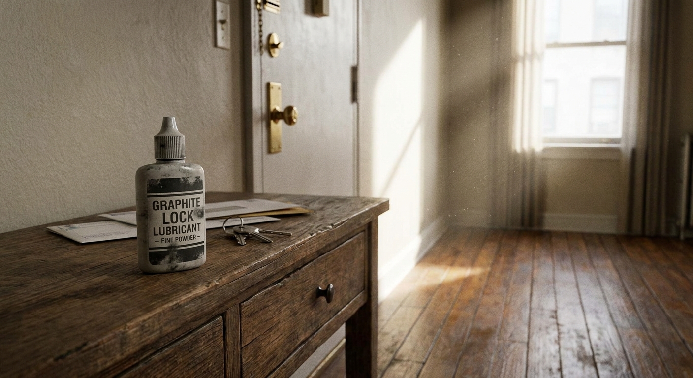 A photograph of a small graphite powder lock lubricant bottle resting on a hallway console table near an apartment entry door, natural indoor light