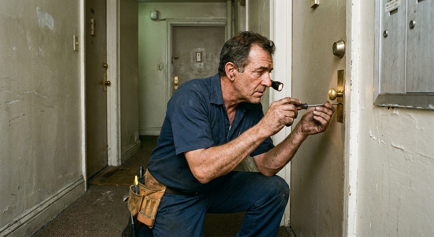 A photograph of an apartment maintenance worker in a hallway inspecting a deadbolt and strike plate on an entry door, candid documentary style
