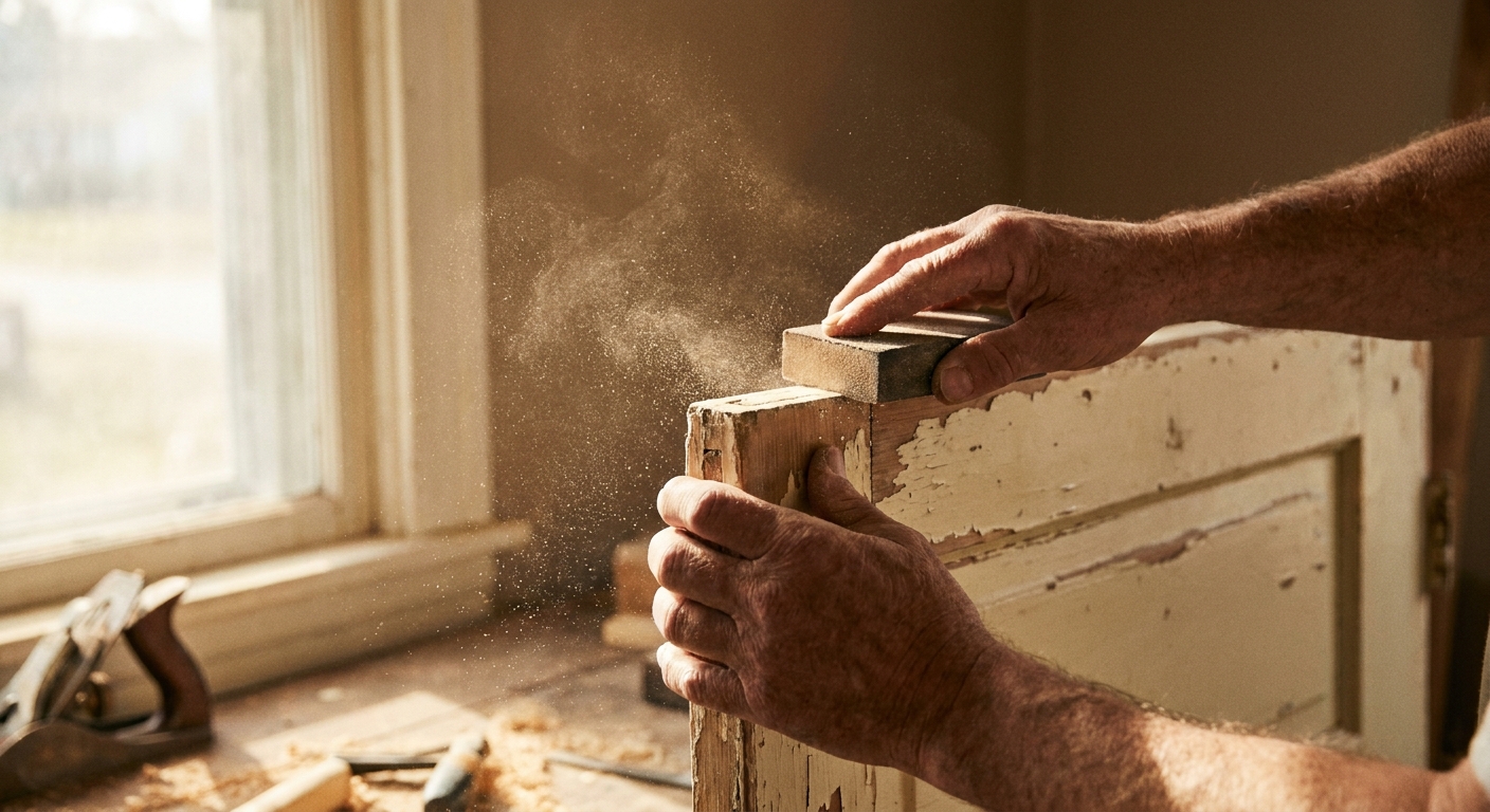 A photograph of hands sanding the edge of a painted interior wooden door with a sanding block, with light dust visible in warm indoor light