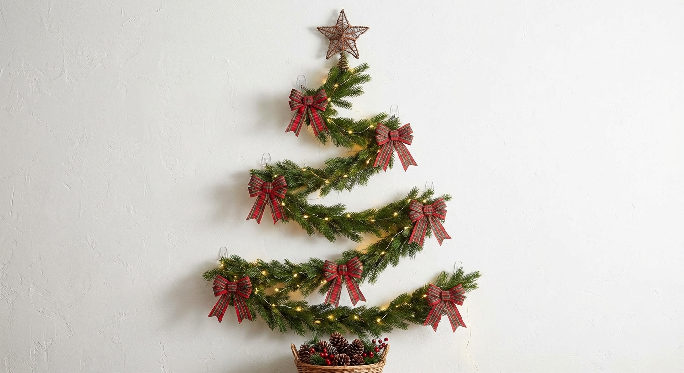A pine garland arranged in a Christmas tree shape on a white wall using small removable hooks, decorated with ribbon bows and warm string lights