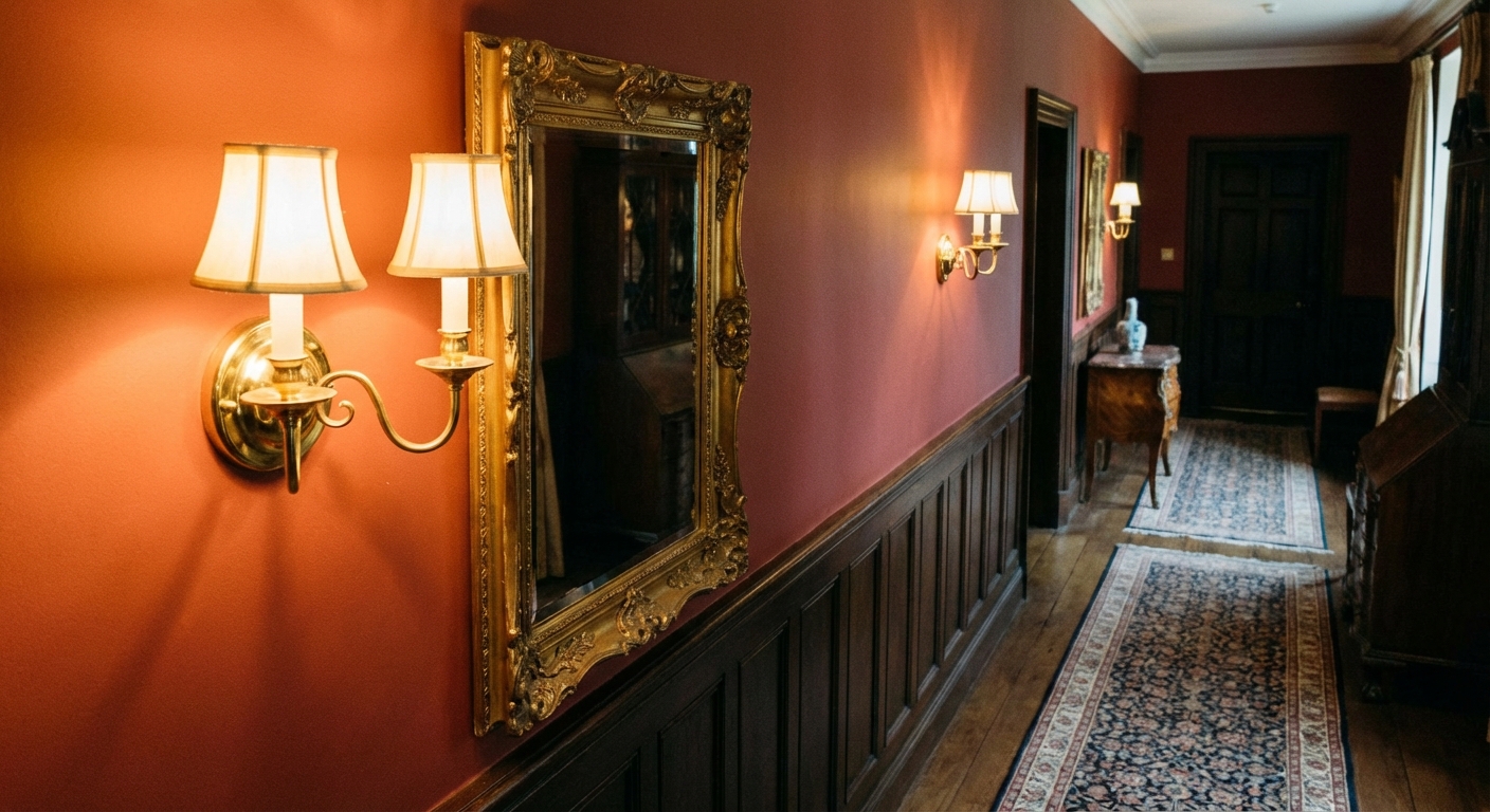 A polished brass wall sconce beside a framed mirror in a traditional hallway with warm paint