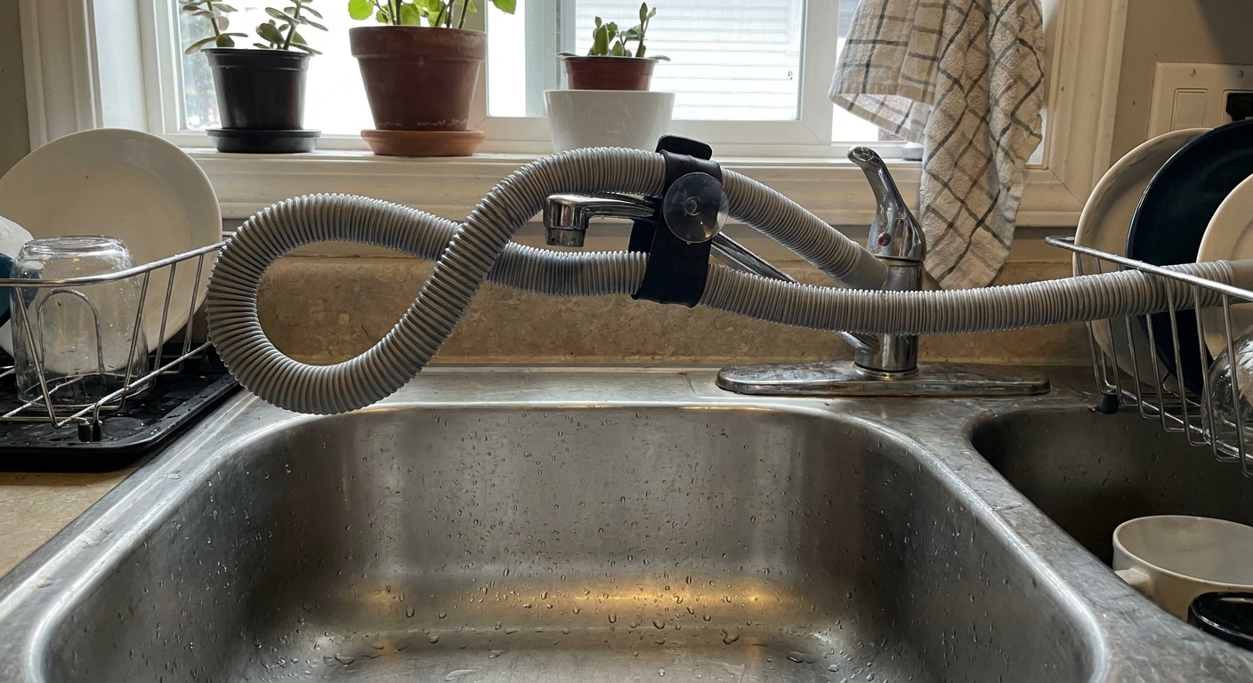 A portable dishwasher drain hose secured over a stainless steel kitchen sink, with water droplets visible on the basin, realistic home photo