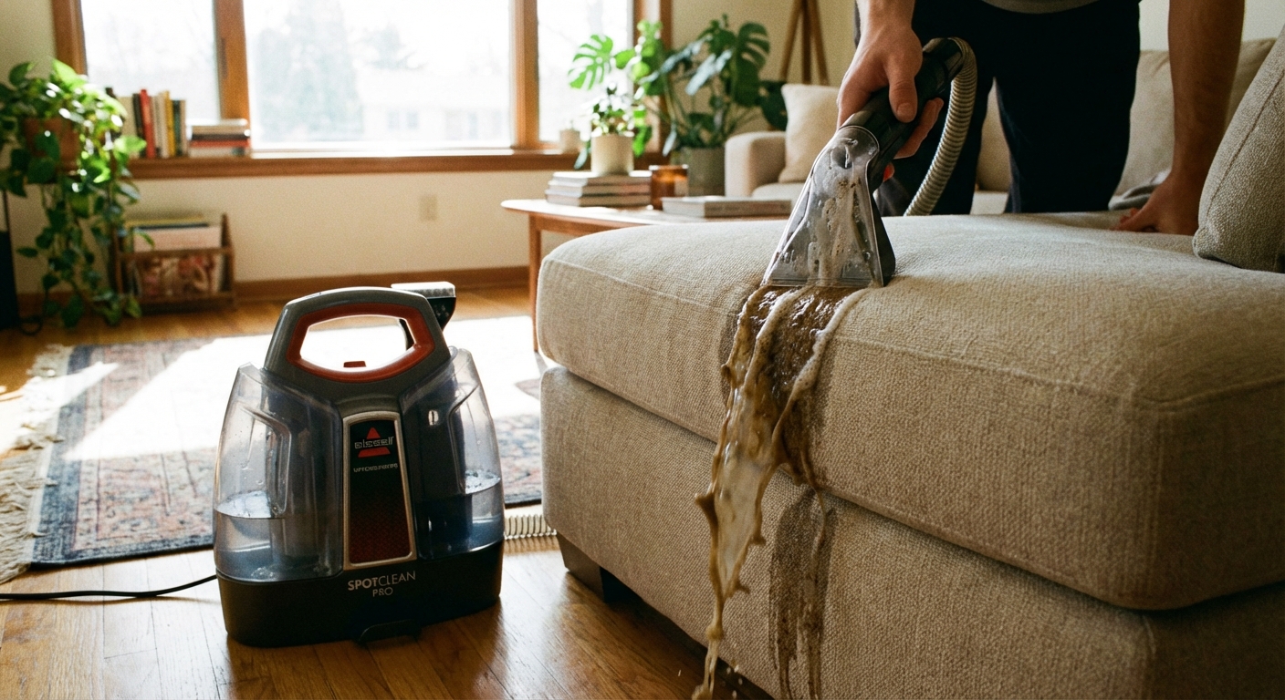 A portable upholstery extractor being used on a beige sofa cushion in a bright living room, with a clear suction nozzle pulling up dirty water, realistic home photography style