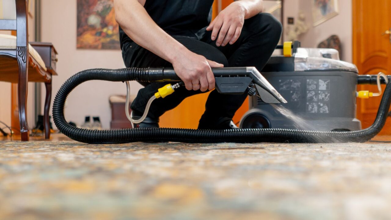 A professional cleaner using an extraction wand on an area rug in a home, focusing on careful moisture removal