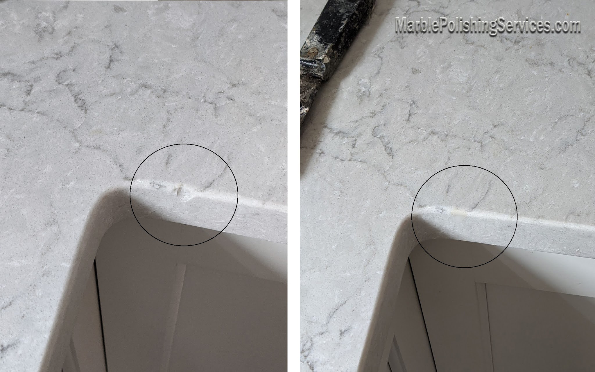 A professional countertop technician in a kitchen closely examining a small chip on the edge of a quartz countertop with repair tools nearby