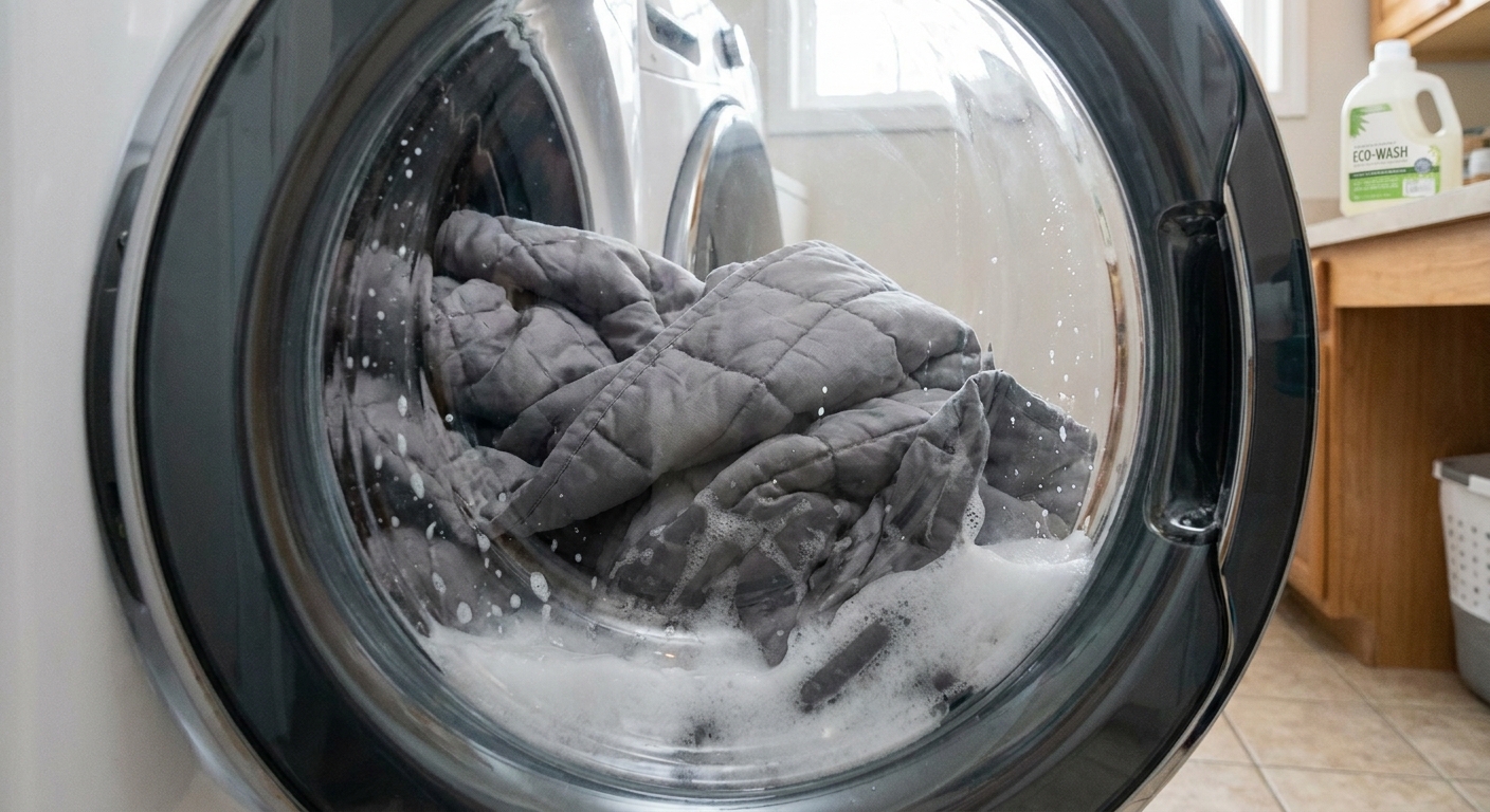 A quilted weighted blanket visible through the door of a front-loading washer mid-wash, soft suds and gentle tumble, realistic household photo