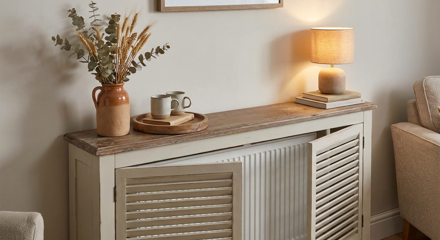 A radiator cover styled like a narrow console table with a small wooden tray, a ceramic vase with dried stems, and a soft table lamp nearby, leaving ventilation space open