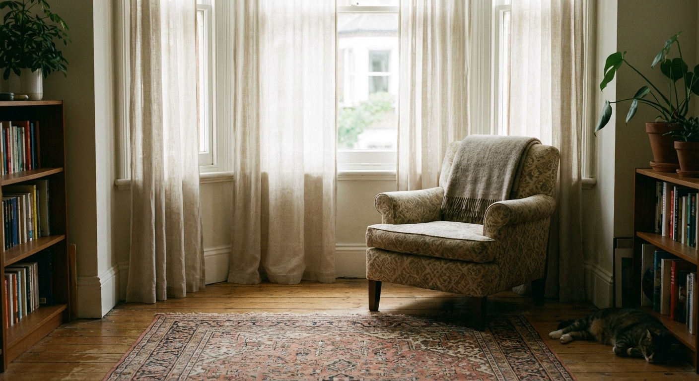 A reading nook in a corner by a window with light linen curtains, a patterned rug, a cushioned chair, and a folded throw blanket, natural daylight interior photo