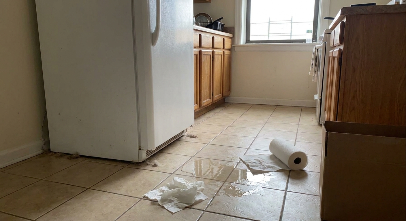 A real apartment kitchen with a standard refrigerator pulled slightly forward, a small puddle of water on the tile floor in front, and paper towels nearby, natural indoor lighting